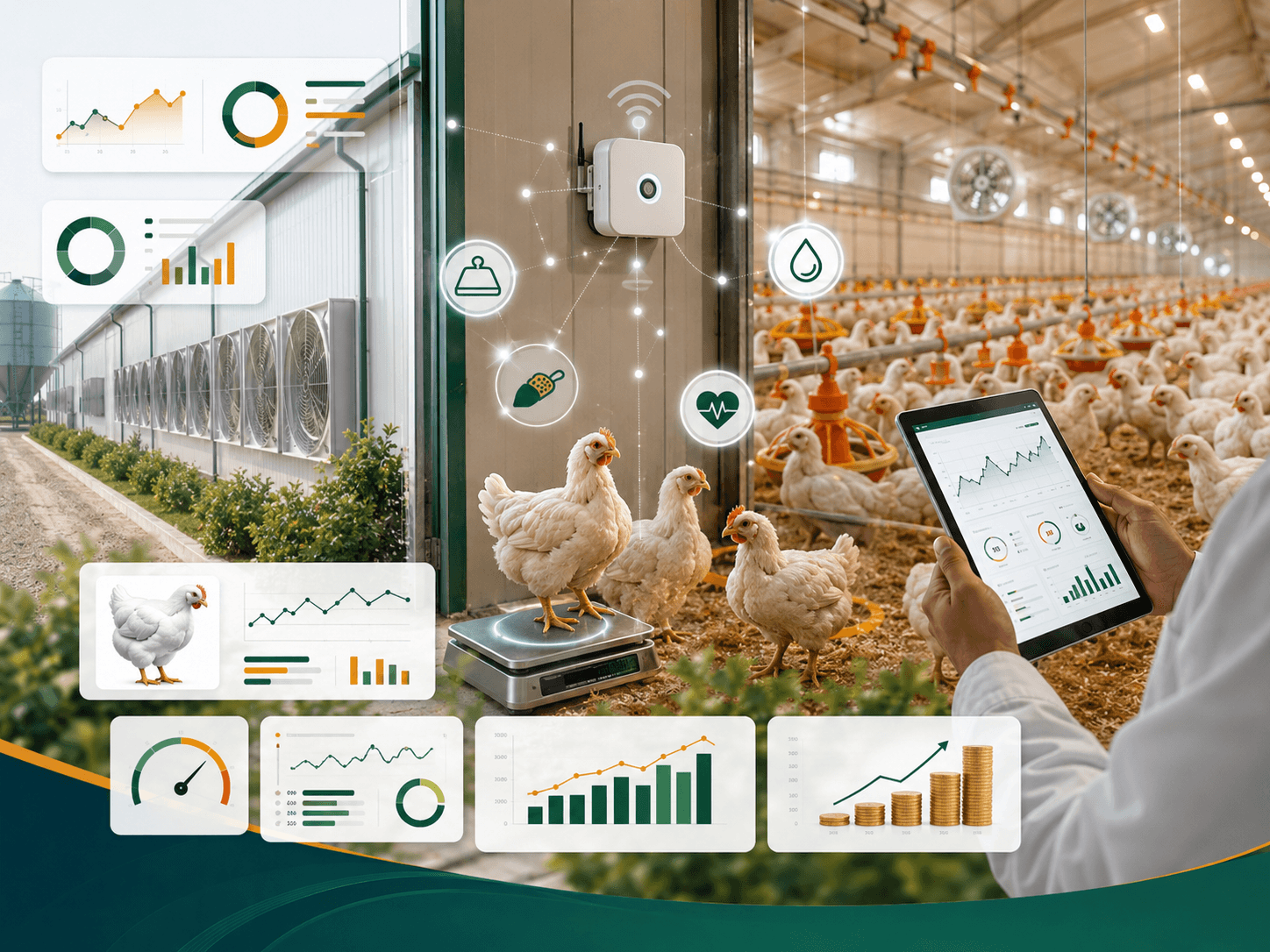The economics of EC poultry farming — birds weighed on a smart scale, a vet reviewing live flock performance on a tablet, and rising FCR, weight and profitability charts